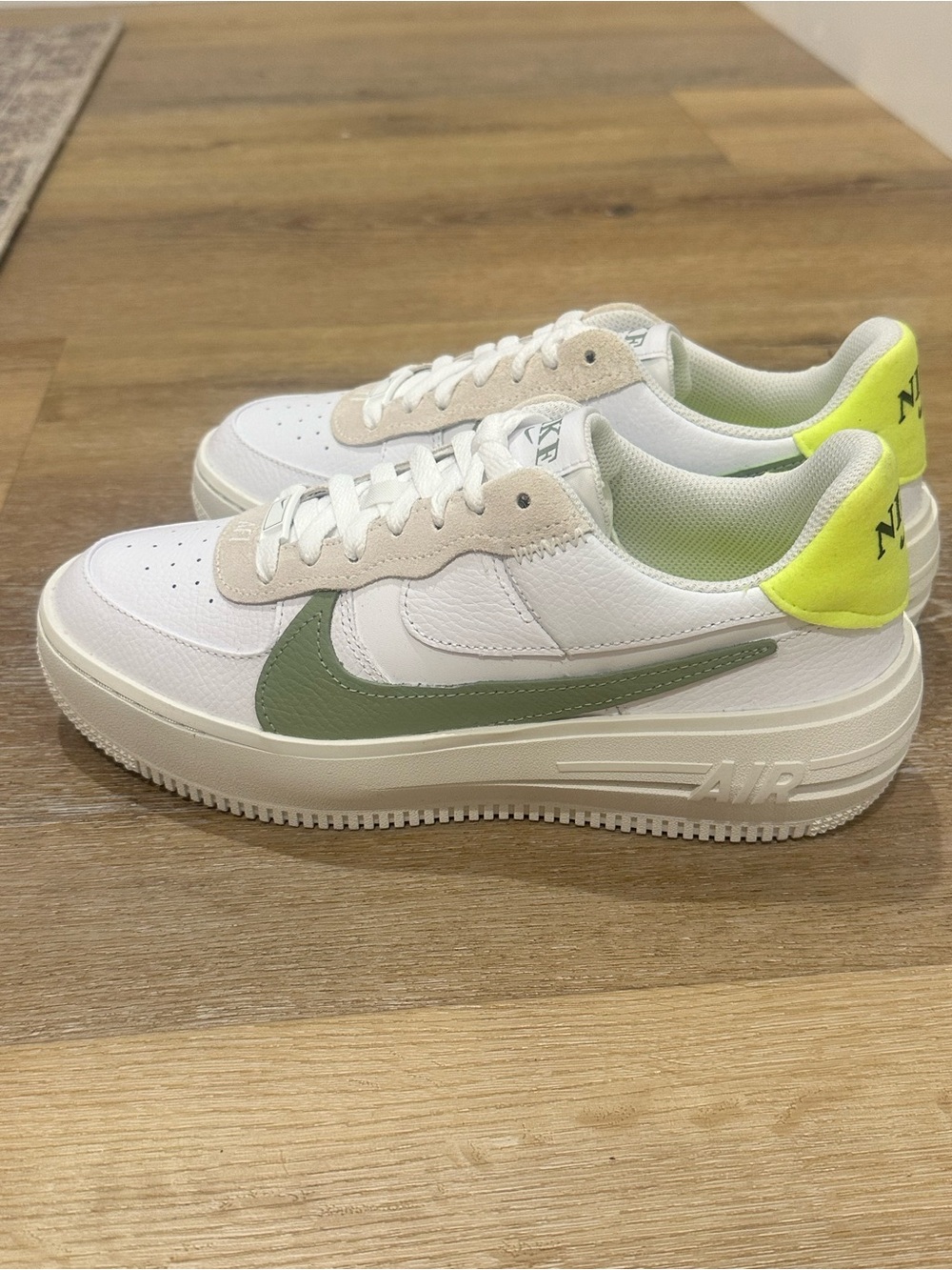 Nike Air Force 1 Low - White with Olive Swoosh & Neon Yellow Heel Tab